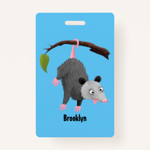 Cute funny opossum hanging from branch cartoon badge