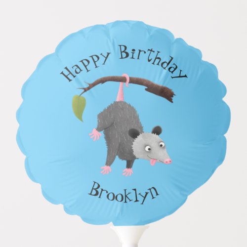 Cute funny opossum hanging from branch cartoon balloon