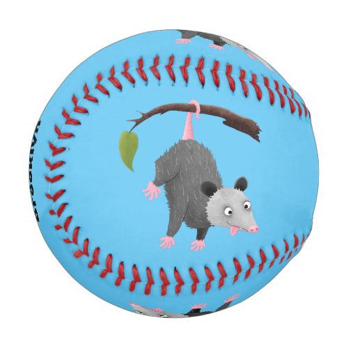 Cute funny opossum hanging from branch cartoon baseball