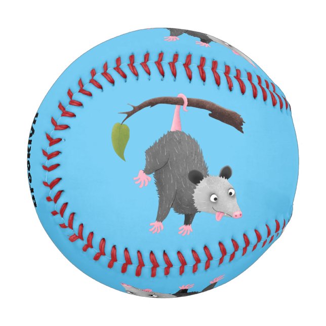 Cute funny opossum hanging from branch cartoon baseball (Front Left)