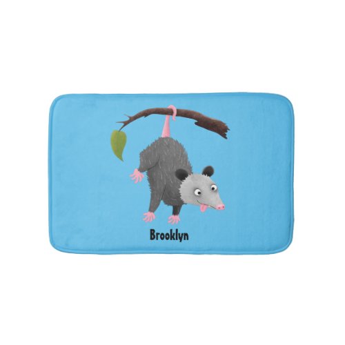 Cute funny opossum hanging from branch cartoon bath mat