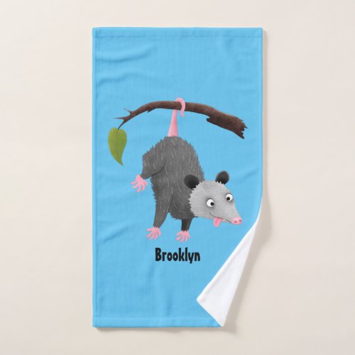 Cute funny opossum hanging from branch cartoon bath towel set