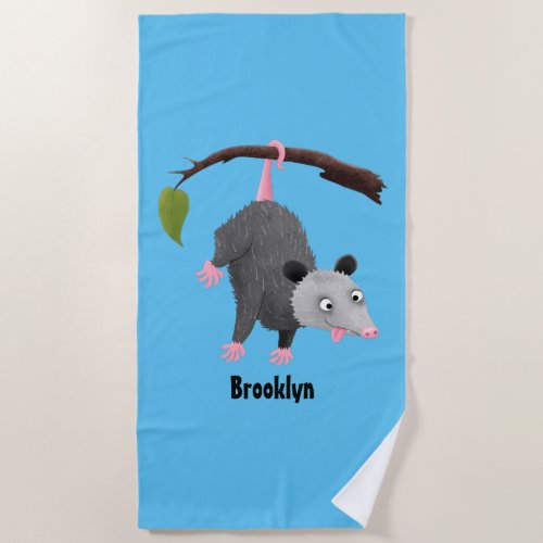 Cute funny opossum hanging from branch cartoon beach towel