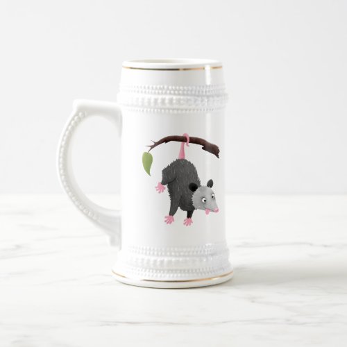 Cute funny opossum hanging from branch cartoon beer stein