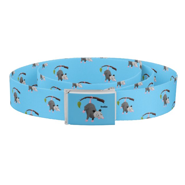 Cute funny opossum hanging from branch cartoon belt (Coil)