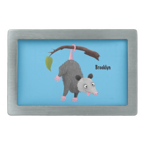 Cute funny opossum hanging from branch cartoon belt buckle