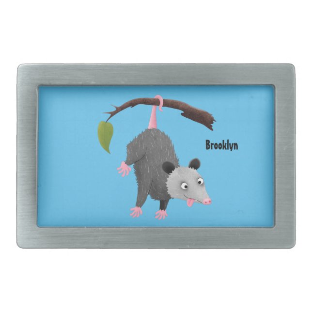 Cute funny opossum hanging from branch cartoon belt buckle (Front)