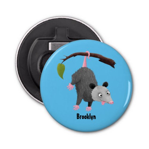 Cute funny opossum hanging from branch cartoon bottle opener