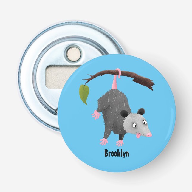 Cute funny opossum hanging from branch cartoon bottle opener (Front)