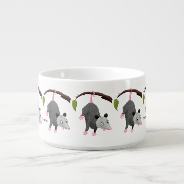 Cute funny opossum hanging from branch cartoon bowl (Center)