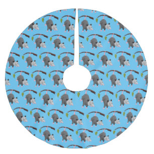 Cute funny opossum hanging from branch cartoon  brushed polyester tree skirt