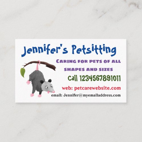 Cute funny opossum hanging from branch cartoon business card