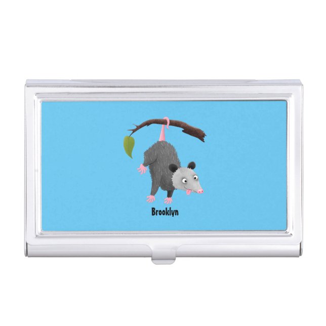 Cute funny opossum hanging from branch cartoon business card case (Front)