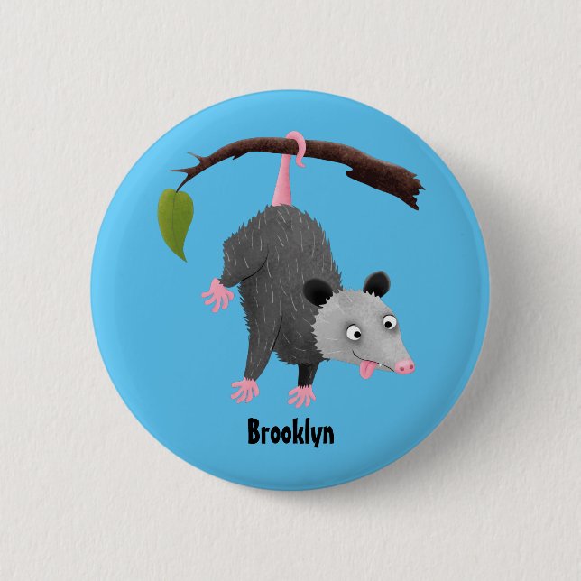 Cute funny opossum hanging from branch cartoon button (Front)