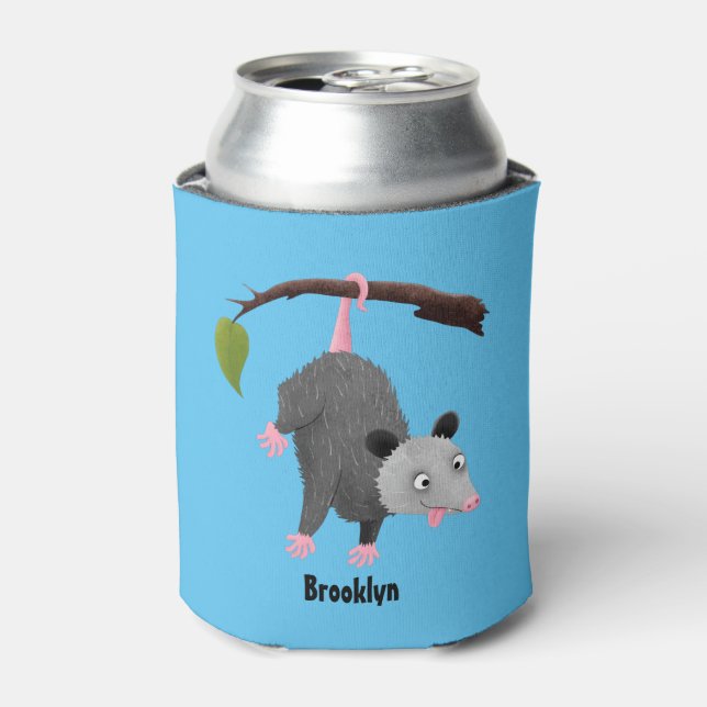 Cute funny opossum hanging from branch cartoon can cooler (Can Front)
