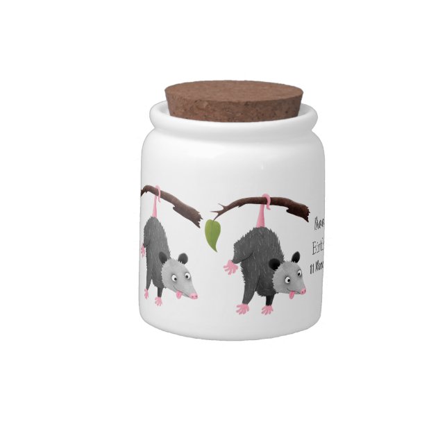 Cute funny opossum hanging from branch cartoon candy jar (Left)