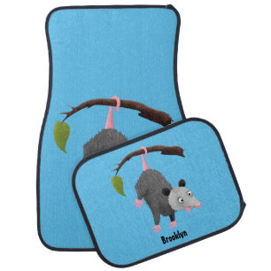Cute funny opossum hanging from branch cartoon car floor mat