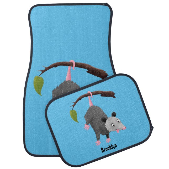 Cute funny opossum hanging from branch cartoon car floor mat (Set)