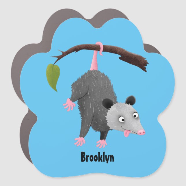 Cute funny opossum hanging from branch cartoon car magnet (Front)
