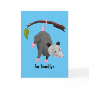 Cute funny opossum hanging from branch cartoon card