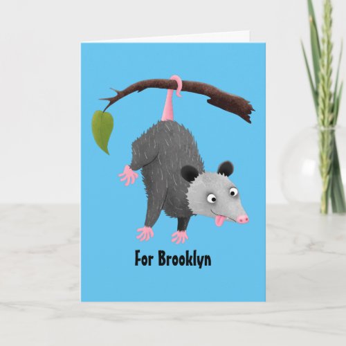 Cute funny opossum hanging from branch cartoon card