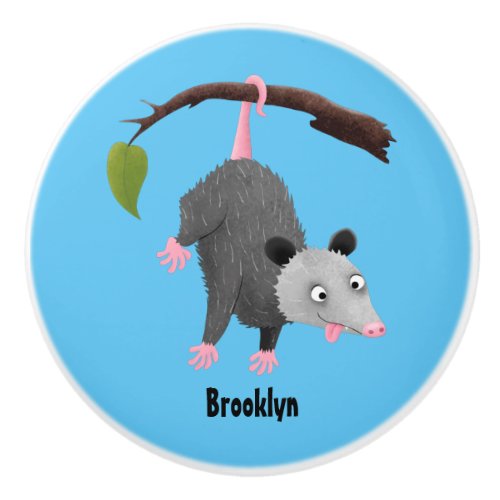 Cute funny opossum hanging from branch cartoon ceramic knob