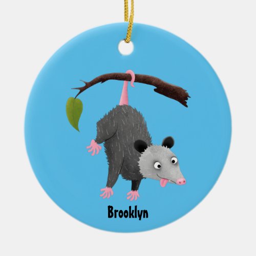 Cute funny opossum hanging from branch cartoon ceramic ornament