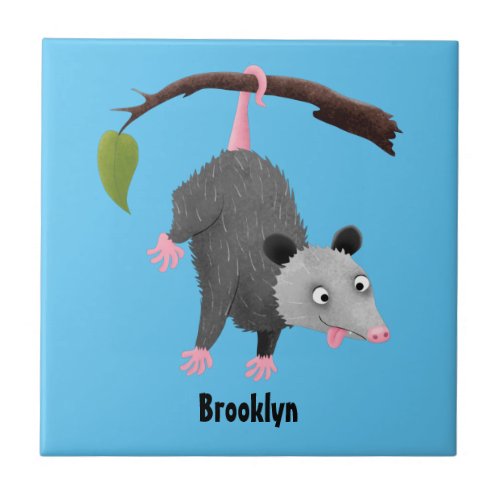 Cute funny opossum hanging from branch cartoon ceramic tile