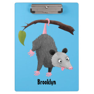 Cute funny opossum hanging from branch cartoon clipboard