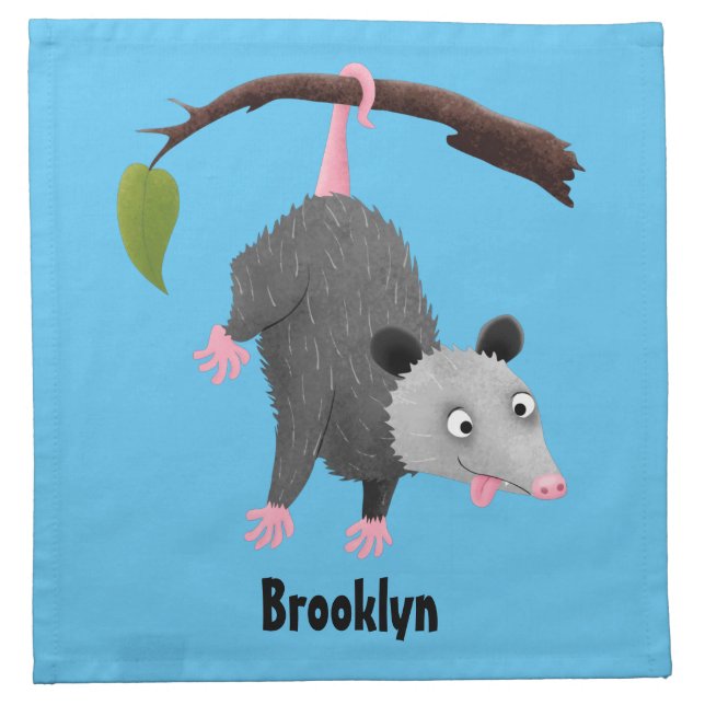 Cute funny opossum hanging from branch cartoon cloth napkin (Front)