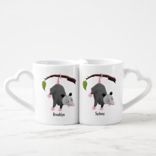 Cute funny opossum hanging from branch cartoon coffee mug set