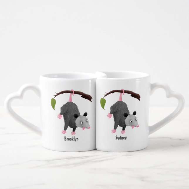 Cute funny opossum hanging from branch cartoon coffee mug set (Front Nesting)