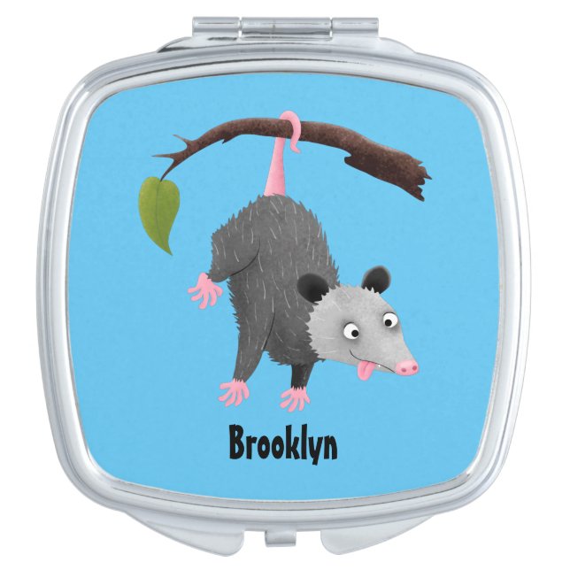 Cute funny opossum hanging from branch cartoon  compact mirror (Front)