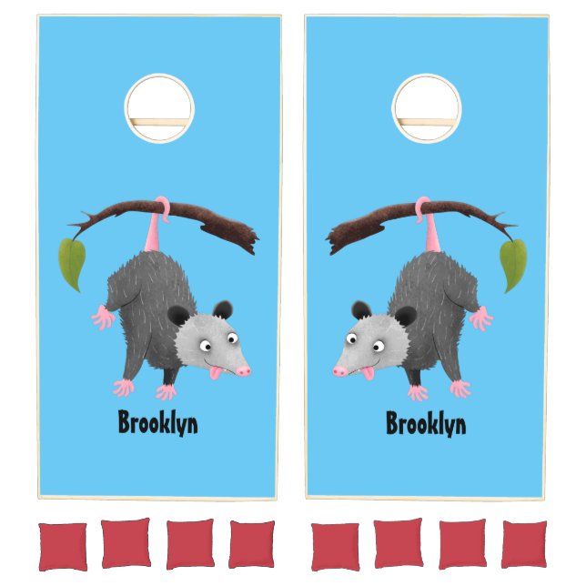 Cute funny opossum hanging from branch cartoon cornhole set (Set)