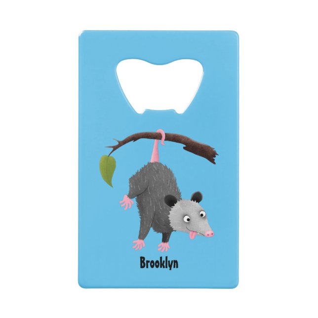 Cute funny opossum hanging from branch cartoon credit card bottle opener (Front)
