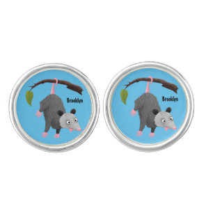 Cute funny opossum hanging from branch cartoon cufflinks