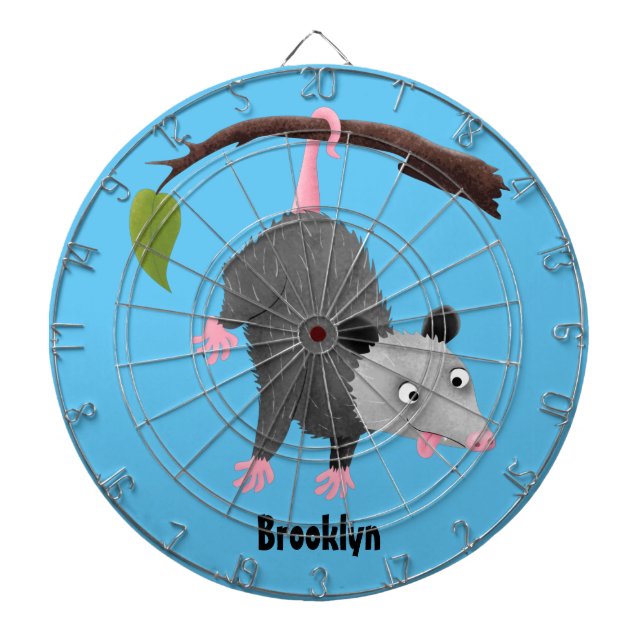 Cute funny opossum hanging from branch cartoon dart board (Front)