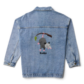 Cute funny opossum hanging from branch cartoon  denim jacket