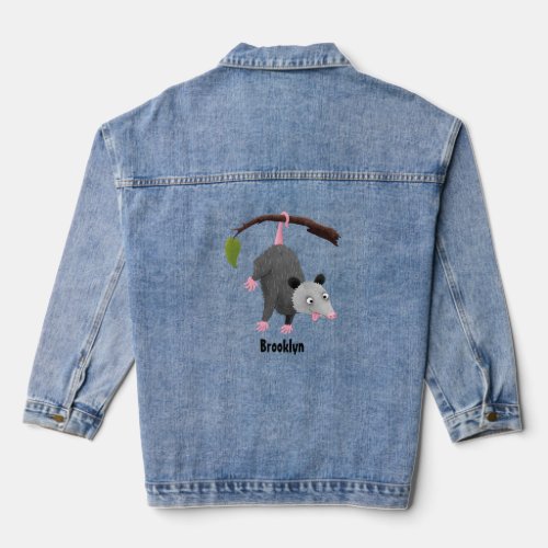 Cute funny opossum hanging from branch cartoon  denim jacket