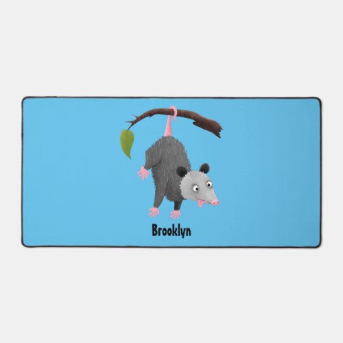 Cute funny opossum hanging from branch cartoon  desk mat