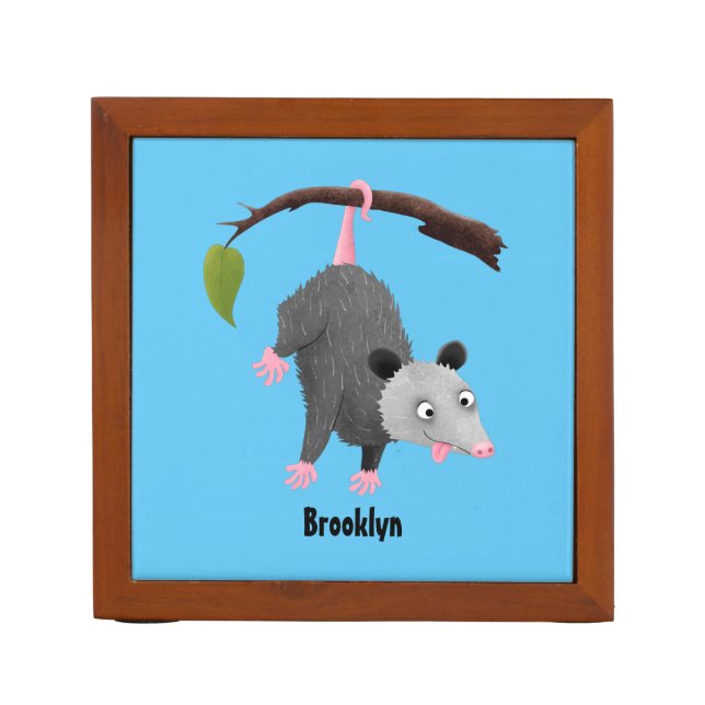 Cute funny opossum hanging from branch cartoon desk organizer (Front)