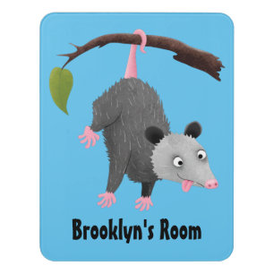 Cute funny opossum hanging from branch cartoon door sign