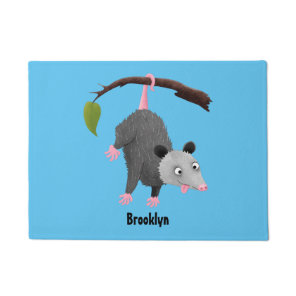 Cute funny opossum hanging from branch cartoon doormat