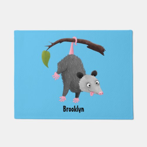 Cute funny opossum hanging from branch cartoon doormat