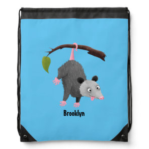 Cute funny opossum hanging from branch cartoon drawstring bag