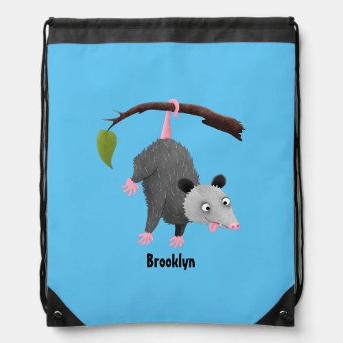 Cute funny opossum hanging from branch cartoon drawstring bag