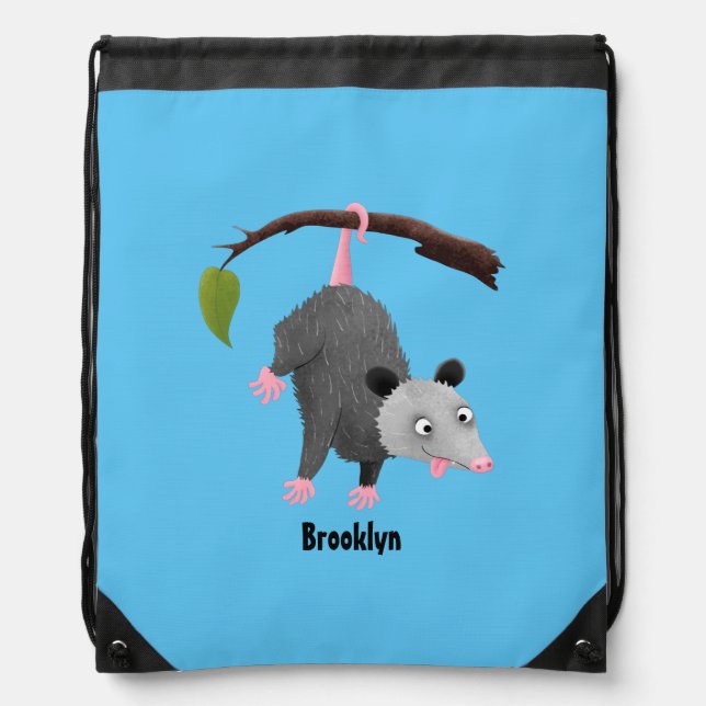 Cute funny opossum hanging from branch cartoon drawstring bag (Front)