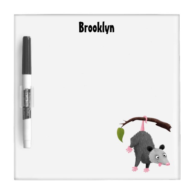 Cute funny opossum hanging from branch cartoon dry erase board (Front)