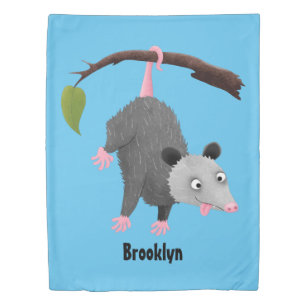 Cute funny opossum hanging from branch cartoon duvet cover