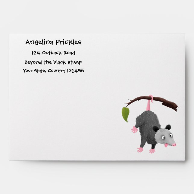 Cute funny opossum hanging from branch cartoon envelope (Front)